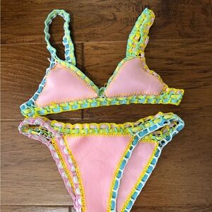 Handmade Crochet-Trim Bikini Set in Pink, Yellow, Aqua